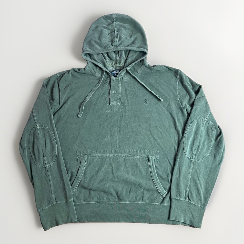 Vintage Polo Ralph Lauren Hoodie Men XXL Military Green Rugby Button Elbow Patch